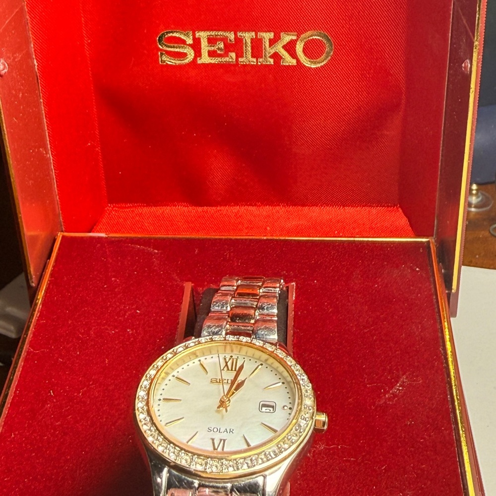 Seiko solar  Two-Tone Silver and Gold Crystal Bezel Watch